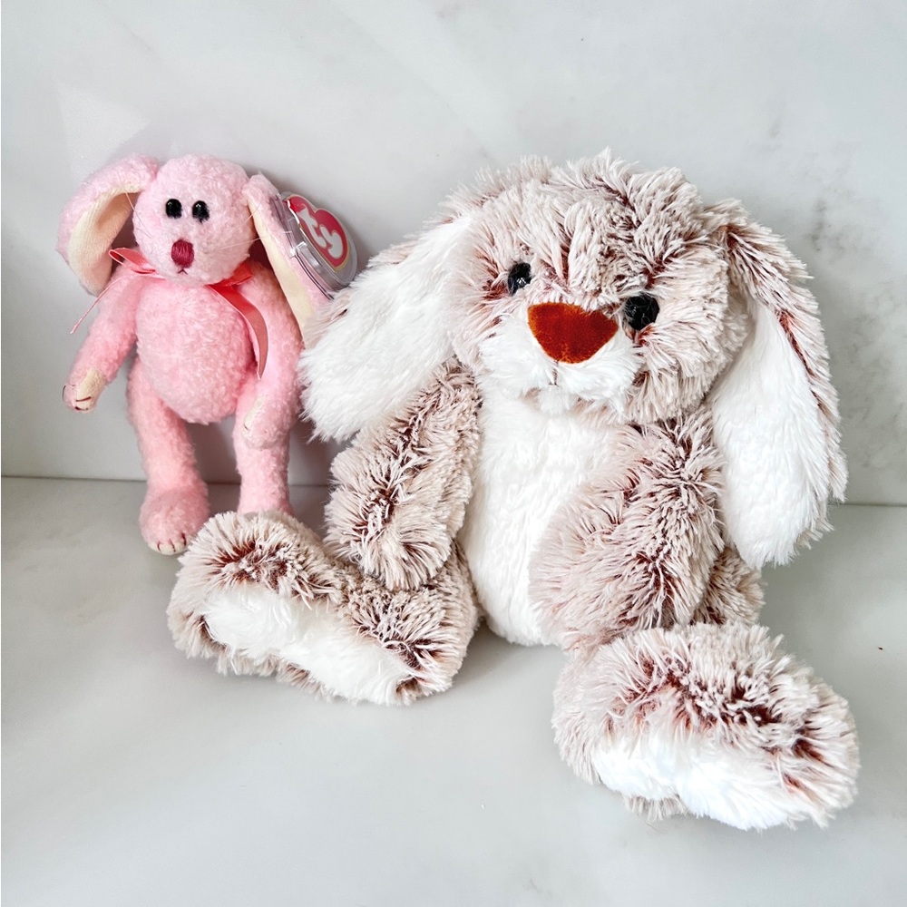 Melissa & Doug Burrow Bunny 9" and Ty Attic Treasures Strawbunny pink bunny 8"